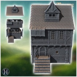 Two-story medieval house with wooden beams, stone chimney, and detailed shingle roof (21)