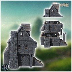 Two-story medieval house with wooden beams, stone chimney, and detailed shingle roof (21)