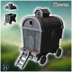 Wooden caravan with a small rooftop window, stairs, and wagon wheels (23)