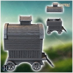 Wooden caravan with a small rooftop window, stairs, and wagon wheels (23)