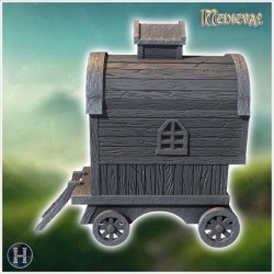 Wooden caravan with a small rooftop window, stairs, and wagon wheels (23)