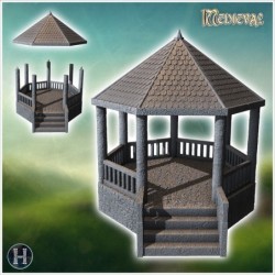 Gazebo with a conical roof, columns, and surrounding steps for a garden setting (24)