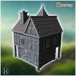 Large two-story medieval house with detailed stone foundation and wooden upper floors (25)