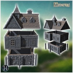 Large two-story medieval house with detailed stone foundation and wooden upper floors (25)