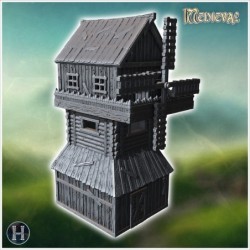 Tall wooden windmill with large blades, a sloped roof, and a reinforced wooden structure (37)