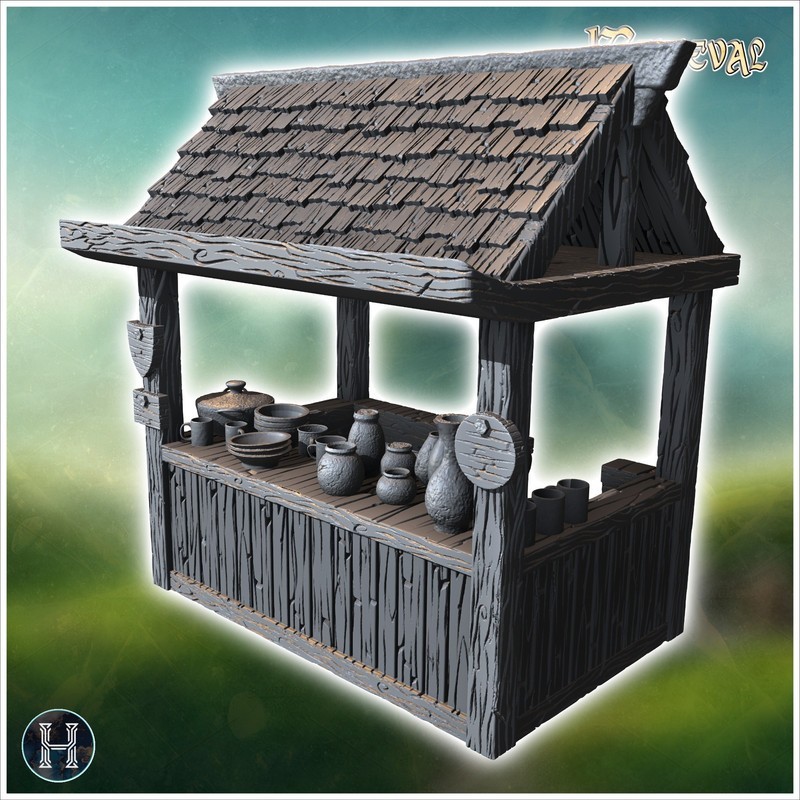 Wooden stall with a shingled roof, displaying various ceramic pots, plates, and mugs on the counter (43)