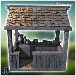 Wooden stall with a shingled roof, displaying various ceramic pots, plates, and mugs on the counter (43)