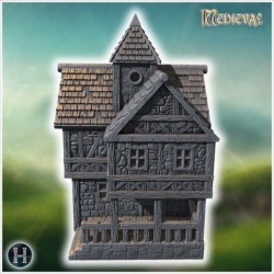 Large medieval building with a tower, stone walls, and timber framework with detailed roof tiles (27)