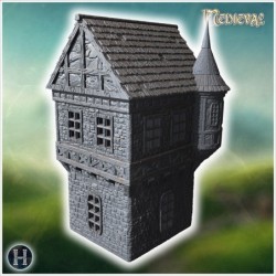 Tall medieval building with a turret, stone walls, and a pointed roof with timber supports (30)