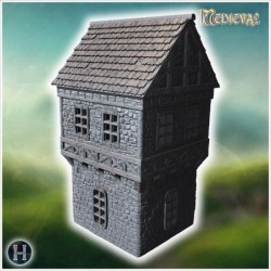 Tall medieval building with a turret, stone walls, and a pointed roof with timber supports (30)