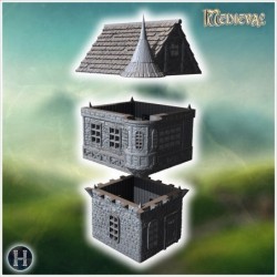 Tall medieval building with a turret, stone walls, and a pointed roof with timber supports (30)