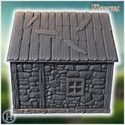 Small medieval stone cottage with wooden door, circular window, and steeply pitched shingled roof (31)