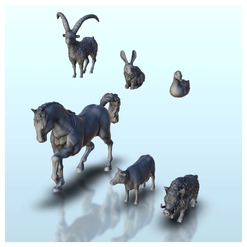 Set of farm animals - boar + cow + duck + goat + horse + rabbit